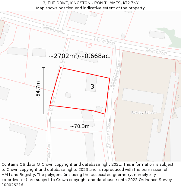 3, THE DRIVE, KINGSTON UPON THAMES, KT2 7NY: Plot and title map