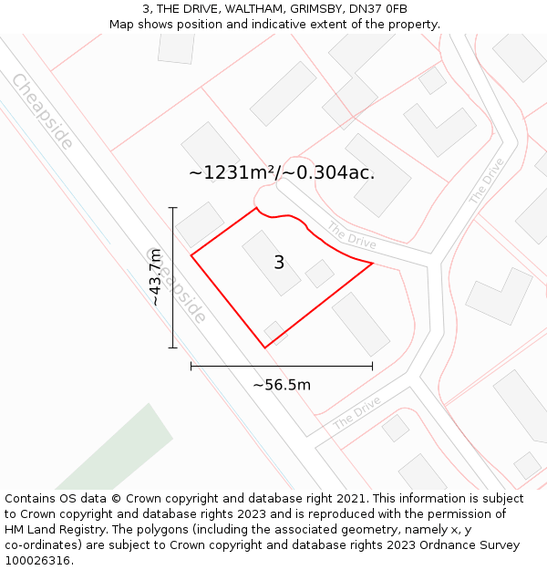 3, THE DRIVE, WALTHAM, GRIMSBY, DN37 0FB: Plot and title map