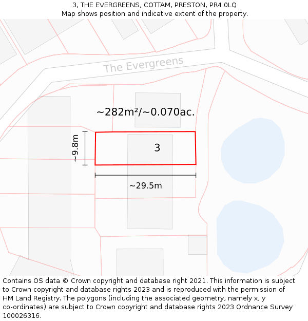 3, THE EVERGREENS, COTTAM, PRESTON, PR4 0LQ: Plot and title map