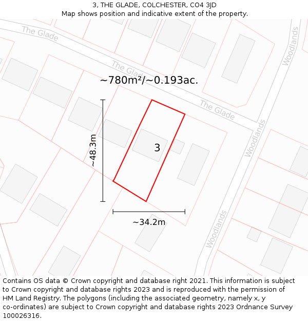 3, THE GLADE, COLCHESTER, CO4 3JD: Plot and title map