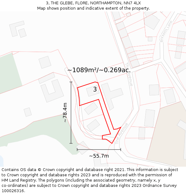 3, THE GLEBE, FLORE, NORTHAMPTON, NN7 4LX: Plot and title map