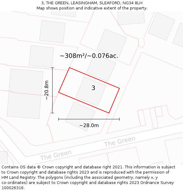 3, THE GREEN, LEASINGHAM, SLEAFORD, NG34 8LH: Plot and title map