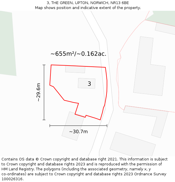 3, THE GREEN, UPTON, NORWICH, NR13 6BE: Plot and title map