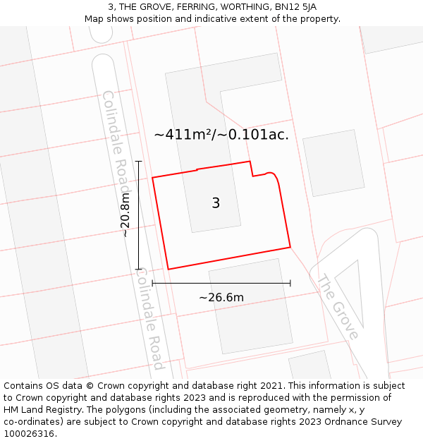 3, THE GROVE, FERRING, WORTHING, BN12 5JA: Plot and title map