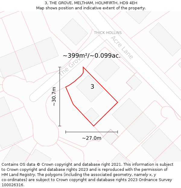 3, THE GROVE, MELTHAM, HOLMFIRTH, HD9 4EH: Plot and title map