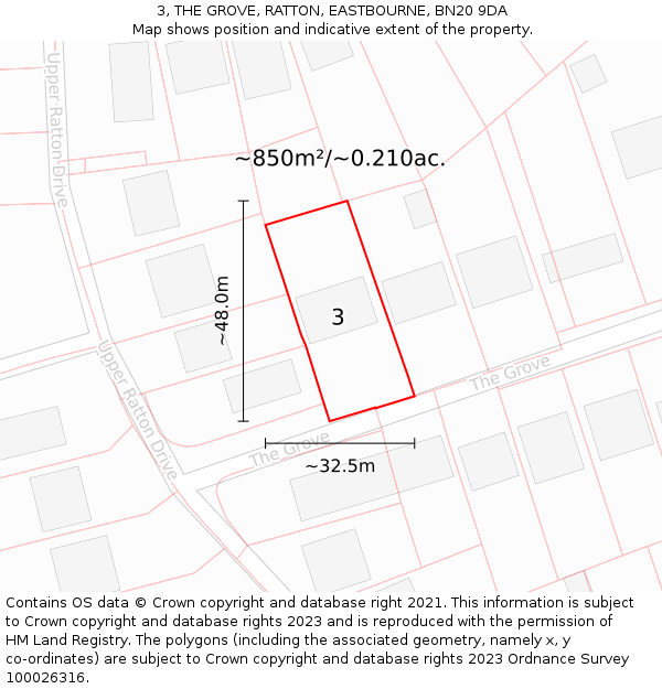 3, THE GROVE, RATTON, EASTBOURNE, BN20 9DA: Plot and title map