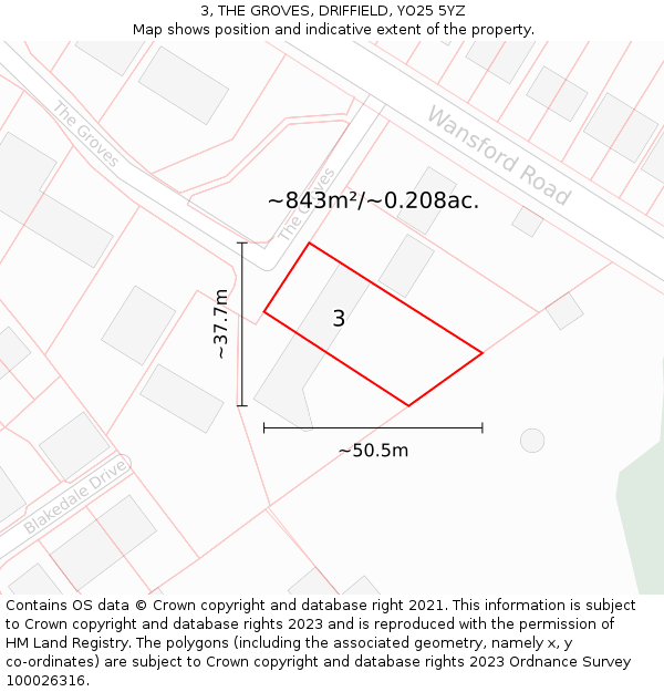 3, THE GROVES, DRIFFIELD, YO25 5YZ: Plot and title map