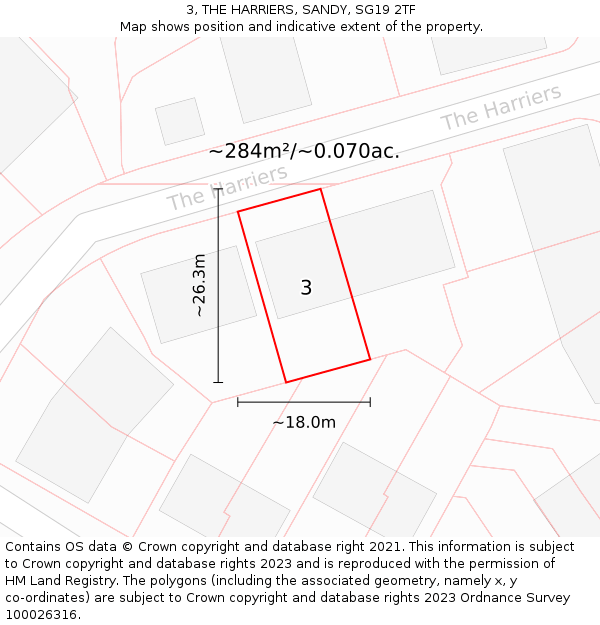 3, THE HARRIERS, SANDY, SG19 2TF: Plot and title map