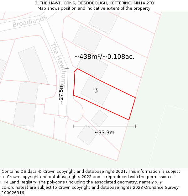 3, THE HAWTHORNS, DESBOROUGH, KETTERING, NN14 2TQ: Plot and title map