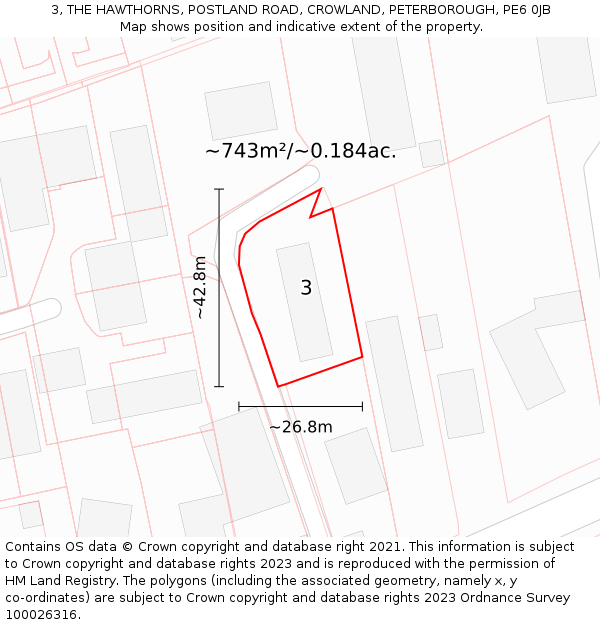 3, THE HAWTHORNS, POSTLAND ROAD, CROWLAND, PETERBOROUGH, PE6 0JB: Plot and title map
