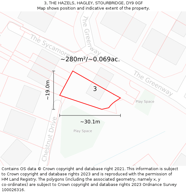 3, THE HAZELS, HAGLEY, STOURBRIDGE, DY9 0GF: Plot and title map