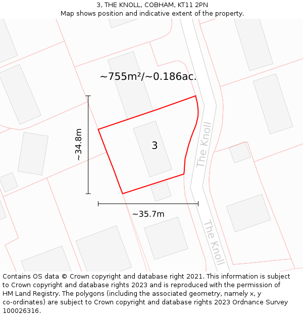 3, THE KNOLL, COBHAM, KT11 2PN: Plot and title map