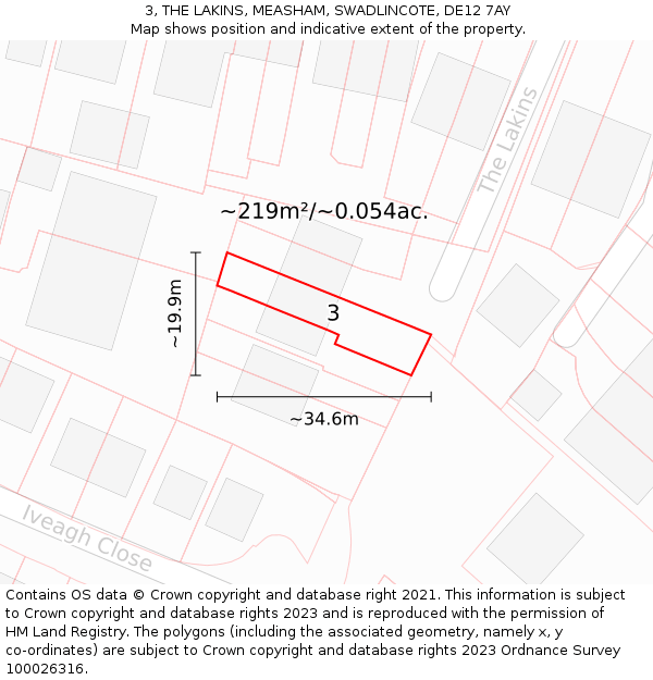 3, THE LAKINS, MEASHAM, SWADLINCOTE, DE12 7AY: Plot and title map