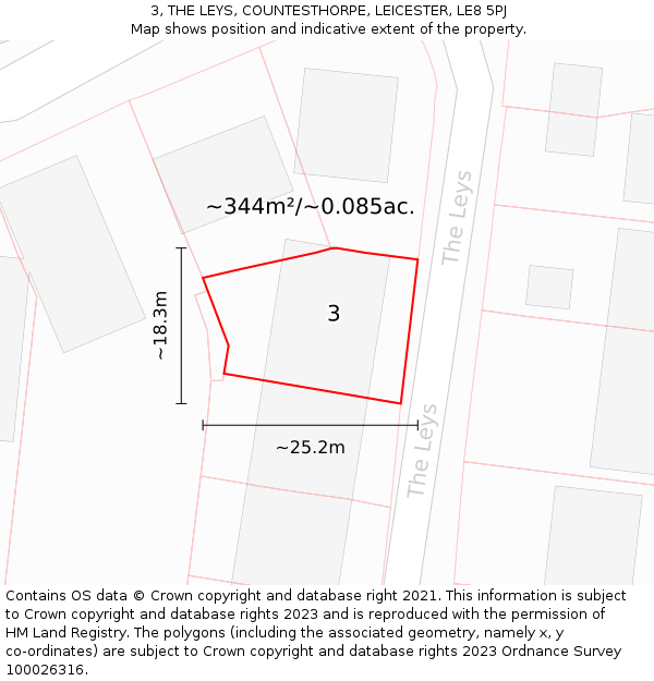 3, THE LEYS, COUNTESTHORPE, LEICESTER, LE8 5PJ: Plot and title map