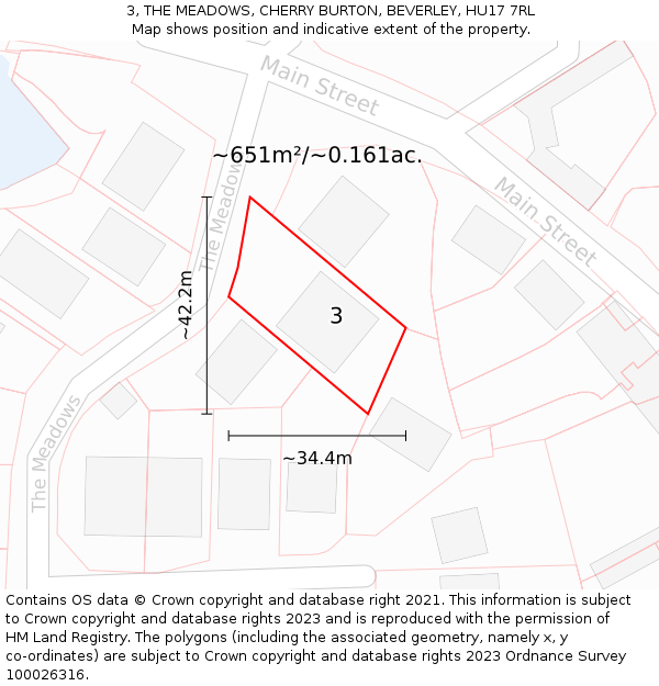 3, THE MEADOWS, CHERRY BURTON, BEVERLEY, HU17 7RL: Plot and title map