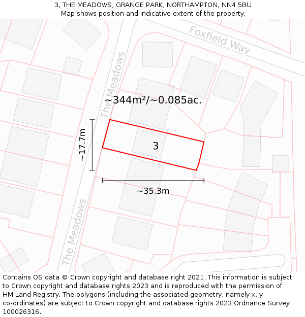 3, THE MEADOWS, GRANGE PARK, NORTHAMPTON, NN4 5BU: Plot and title map