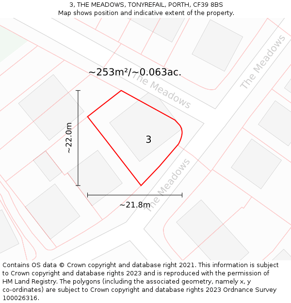 3, THE MEADOWS, TONYREFAIL, PORTH, CF39 8BS: Plot and title map