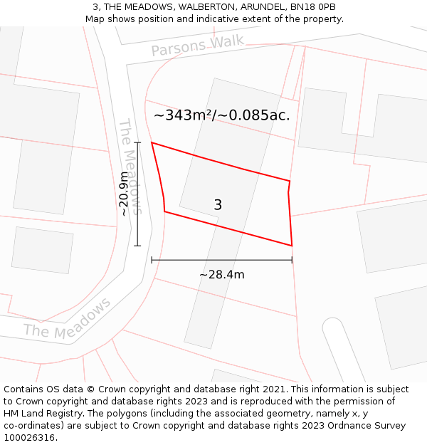 3, THE MEADOWS, WALBERTON, ARUNDEL, BN18 0PB: Plot and title map