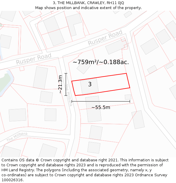 3, THE MILLBANK, CRAWLEY, RH11 0JQ: Plot and title map