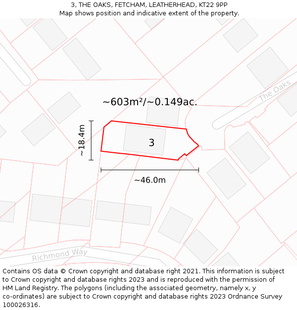 3, THE OAKS, FETCHAM, LEATHERHEAD, KT22 9PP: Plot and title map