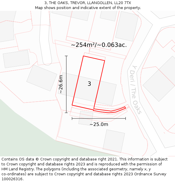 3, THE OAKS, TREVOR, LLANGOLLEN, LL20 7TX: Plot and title map