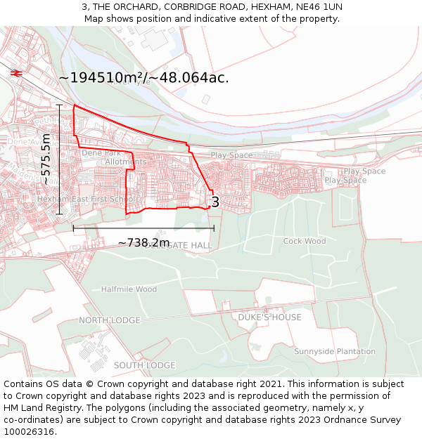3, THE ORCHARD, CORBRIDGE ROAD, HEXHAM, NE46 1UN: Plot and title map