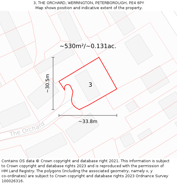 3, THE ORCHARD, WERRINGTON, PETERBOROUGH, PE4 6PY: Plot and title map