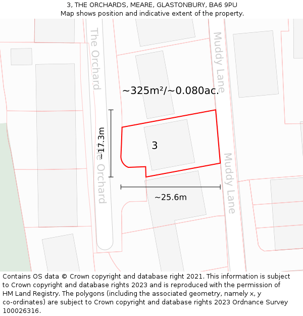 3, THE ORCHARDS, MEARE, GLASTONBURY, BA6 9PU: Plot and title map