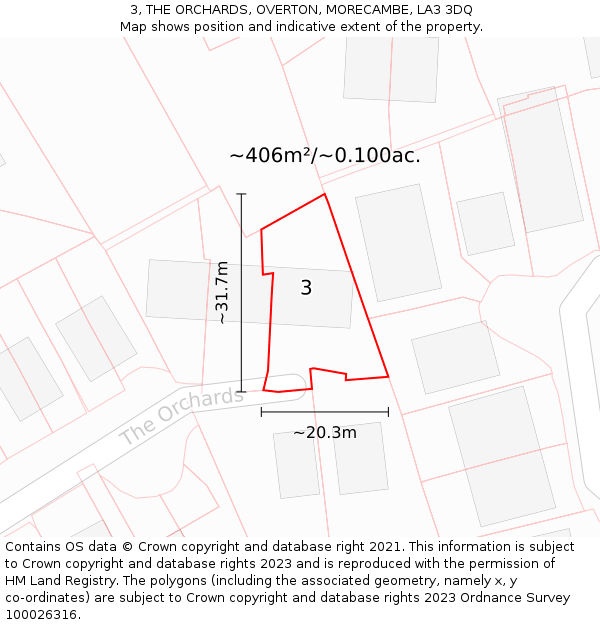 3, THE ORCHARDS, OVERTON, MORECAMBE, LA3 3DQ: Plot and title map