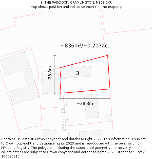 3, THE PADDOCK, CRAMLINGTON, NE23 6XR: Plot and title map