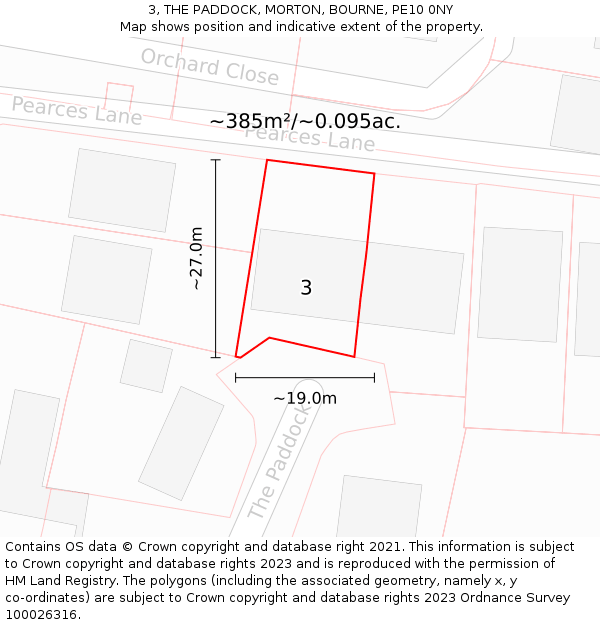 3, THE PADDOCK, MORTON, BOURNE, PE10 0NY: Plot and title map