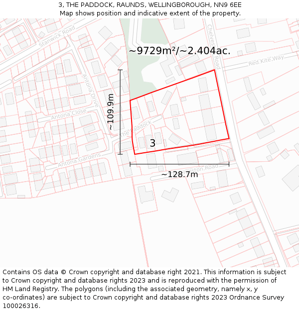 3, THE PADDOCK, RAUNDS, WELLINGBOROUGH, NN9 6EE: Plot and title map