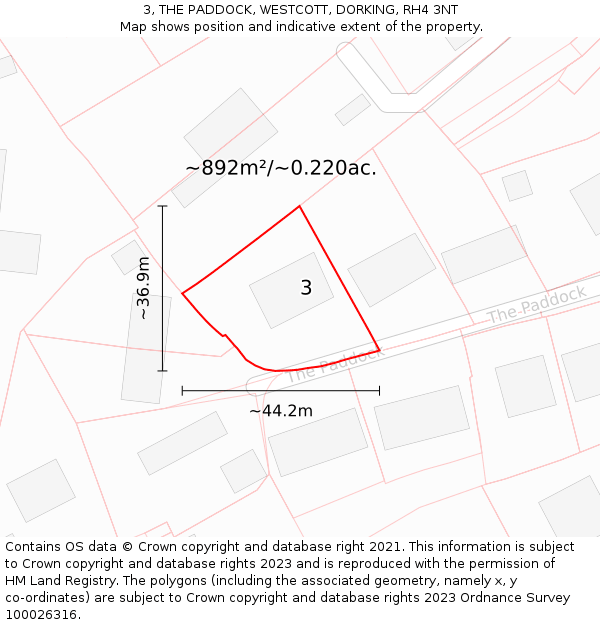 3, THE PADDOCK, WESTCOTT, DORKING, RH4 3NT: Plot and title map
