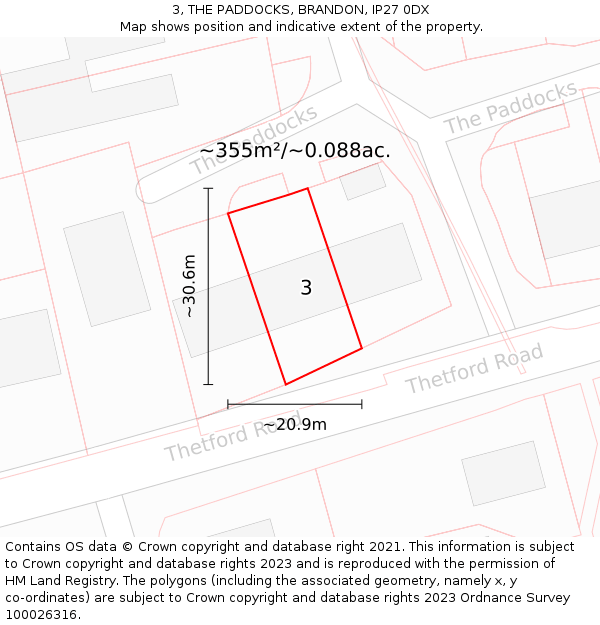3, THE PADDOCKS, BRANDON, IP27 0DX: Plot and title map