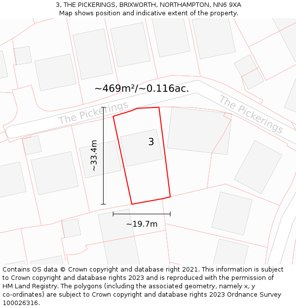 3, THE PICKERINGS, BRIXWORTH, NORTHAMPTON, NN6 9XA: Plot and title map