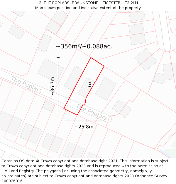 3, THE POPLARS, BRAUNSTONE, LEICESTER, LE3 2LN: Plot and title map