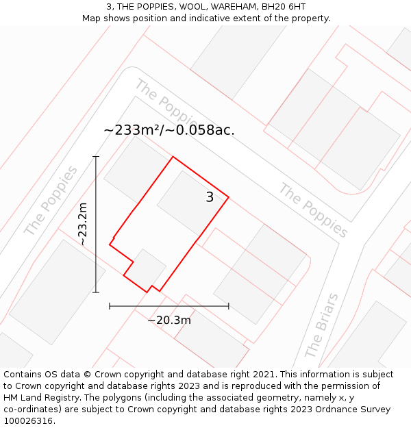 3, THE POPPIES, WOOL, WAREHAM, BH20 6HT: Plot and title map