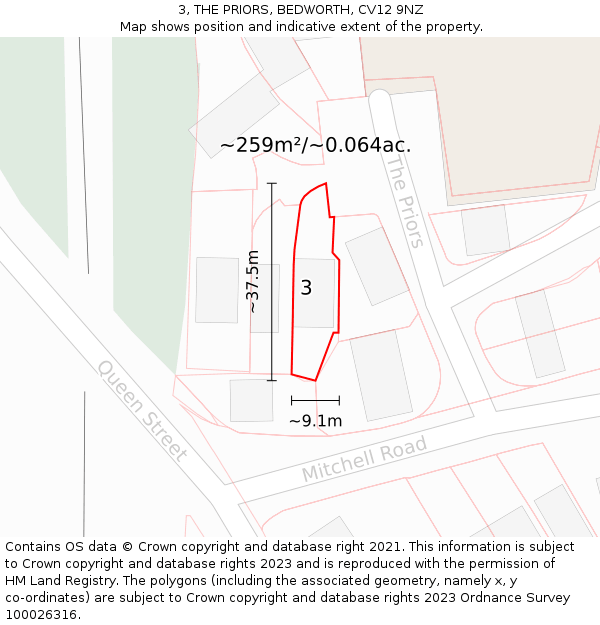 3, THE PRIORS, BEDWORTH, CV12 9NZ: Plot and title map