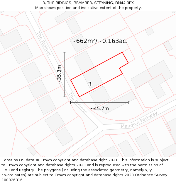 3, THE RIDINGS, BRAMBER, STEYNING, BN44 3PX: Plot and title map