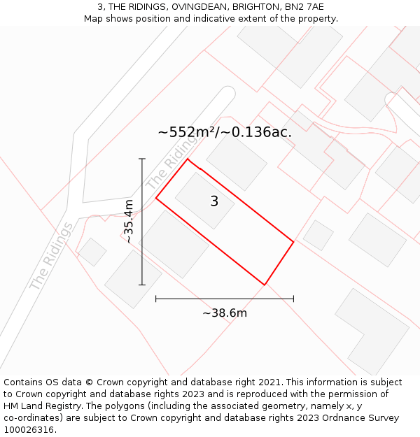 3, THE RIDINGS, OVINGDEAN, BRIGHTON, BN2 7AE: Plot and title map