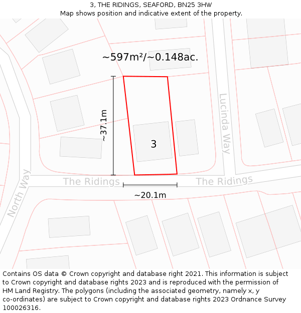3, THE RIDINGS, SEAFORD, BN25 3HW: Plot and title map