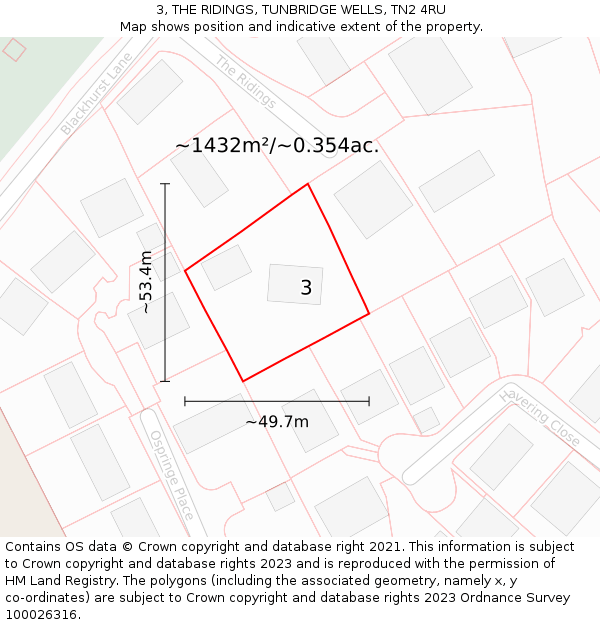 3, THE RIDINGS, TUNBRIDGE WELLS, TN2 4RU: Plot and title map
