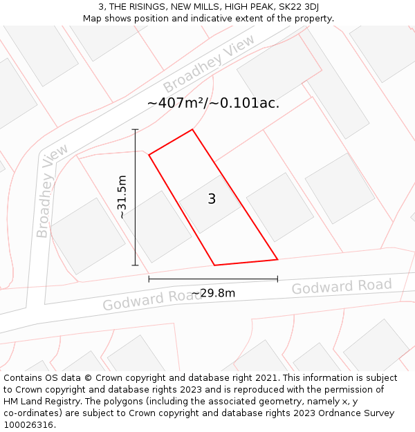 3, THE RISINGS, NEW MILLS, HIGH PEAK, SK22 3DJ: Plot and title map