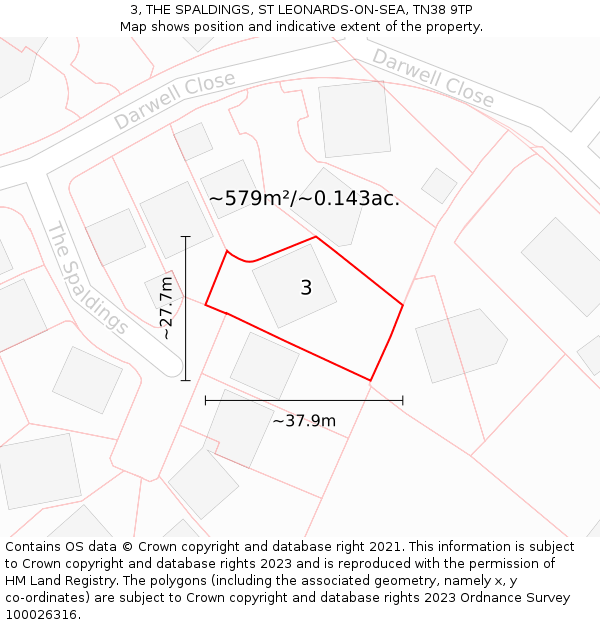 3, THE SPALDINGS, ST LEONARDS-ON-SEA, TN38 9TP: Plot and title map