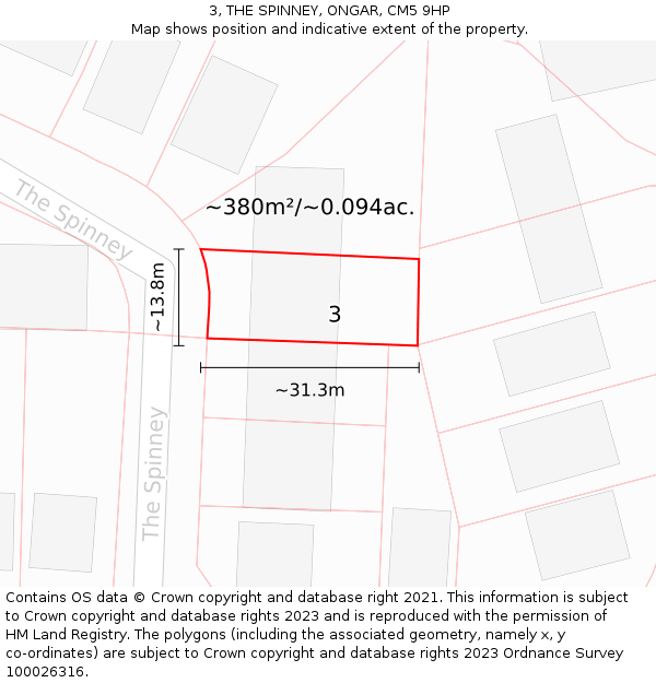 3, THE SPINNEY, ONGAR, CM5 9HP: Plot and title map