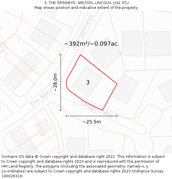 3, THE SPINNEYS, WELTON, LINCOLN, LN2 3TU: Plot and title map