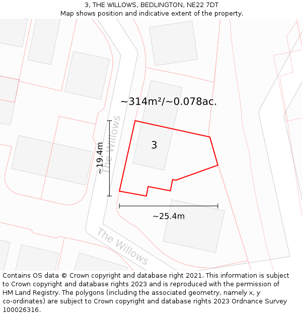3, THE WILLOWS, BEDLINGTON, NE22 7DT: Plot and title map