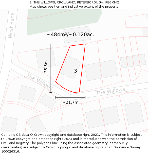 3, THE WILLOWS, CROWLAND, PETERBOROUGH, PE6 0HQ: Plot and title map