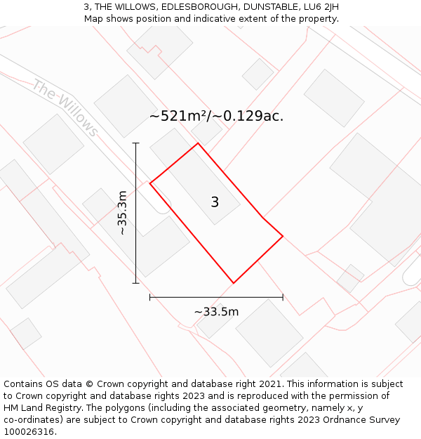 3, THE WILLOWS, EDLESBOROUGH, DUNSTABLE, LU6 2JH: Plot and title map