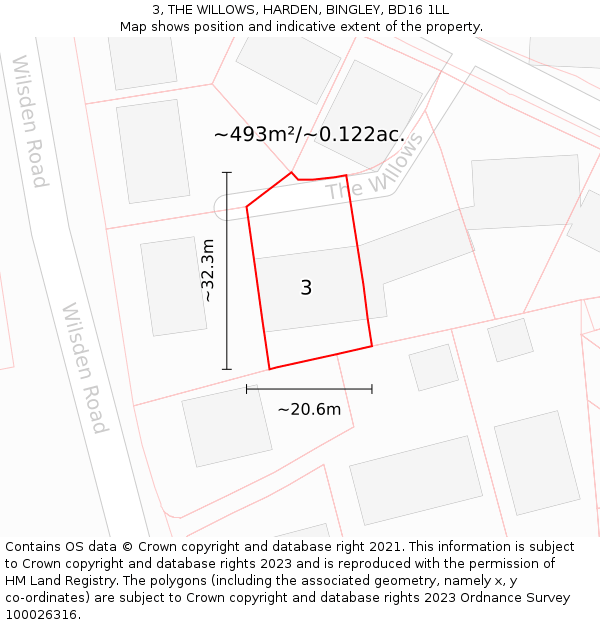 3, THE WILLOWS, HARDEN, BINGLEY, BD16 1LL: Plot and title map